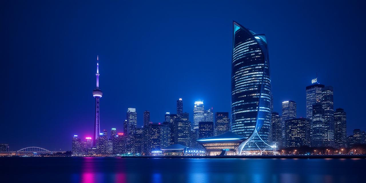 Panoramic view of the Astral Mercantile terrestrial headquarters in Toronto at night