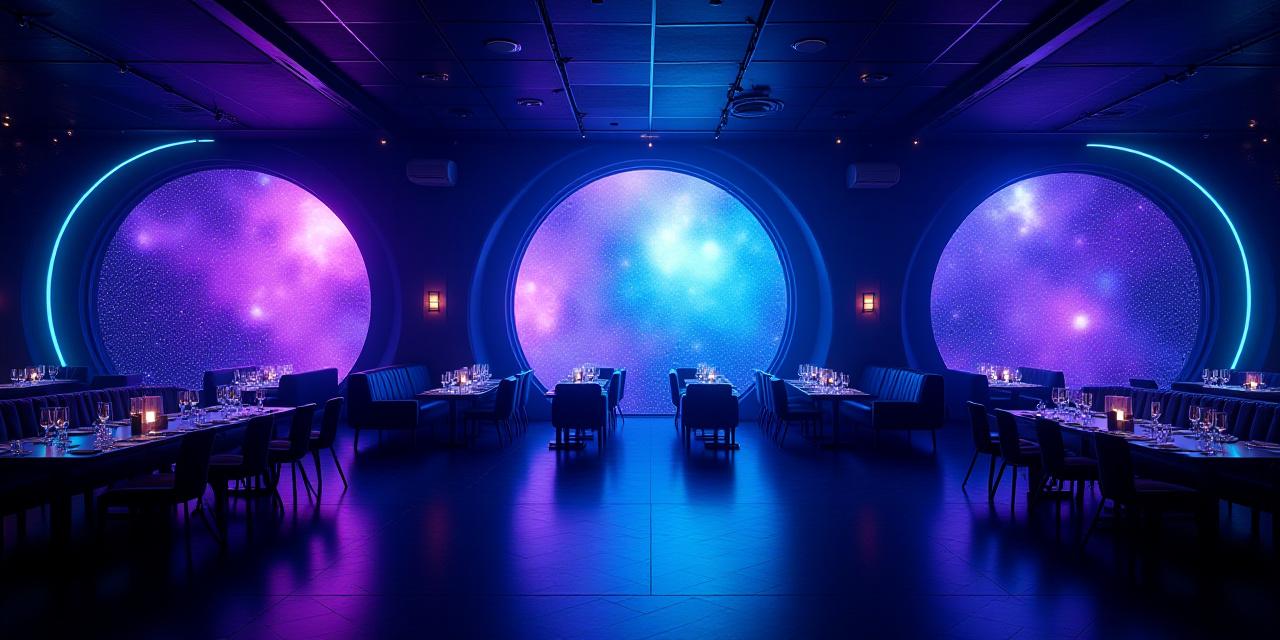 Panoramic view of a luxury space dining room with nebula projections