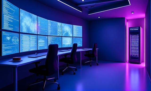 Modern security mission control room in Toronto with multiple monitor screens showing encrypted code